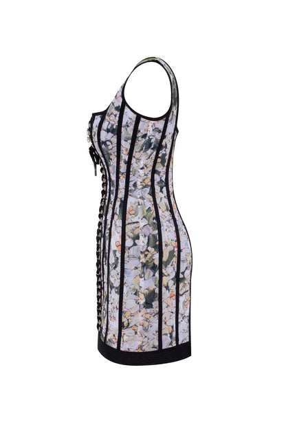 ALLURING FLORAL MINI DRESS WITH BOLD LACE-UP HOOK CLOSURE