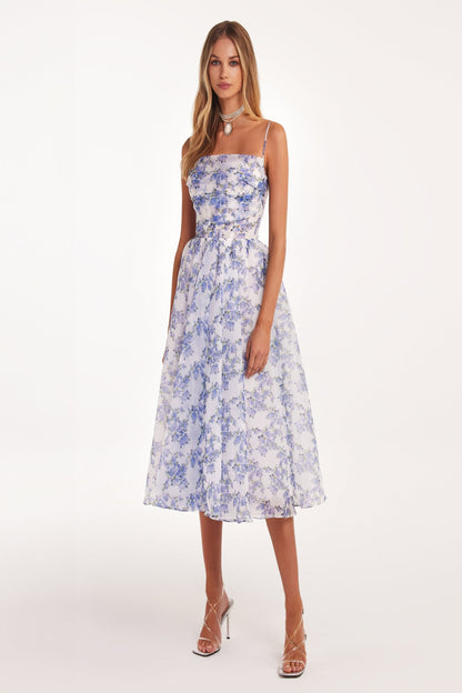 BLUE HYDRANGEA SPAGHETTI STRAP MIDI DRESS