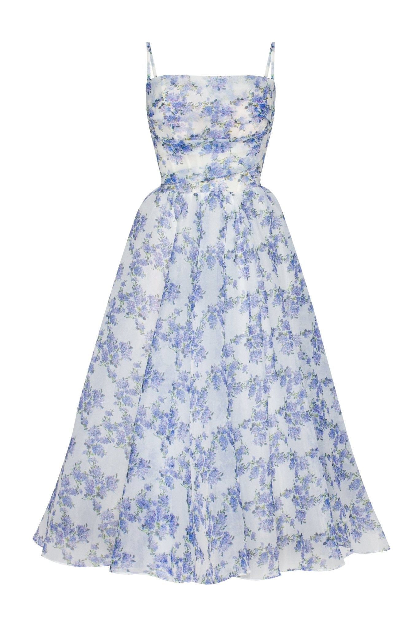 BLUE HYDRANGEA SPAGHETTI STRAP MIDI DRESS