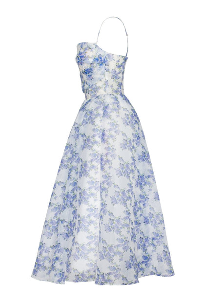 BLUE HYDRANGEA SPAGHETTI STRAP MIDI DRESS