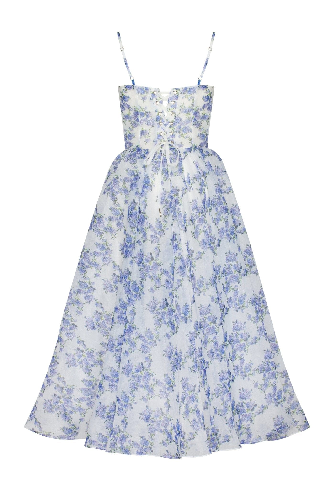 BLUE HYDRANGEA SPAGHETTI STRAP MIDI DRESS