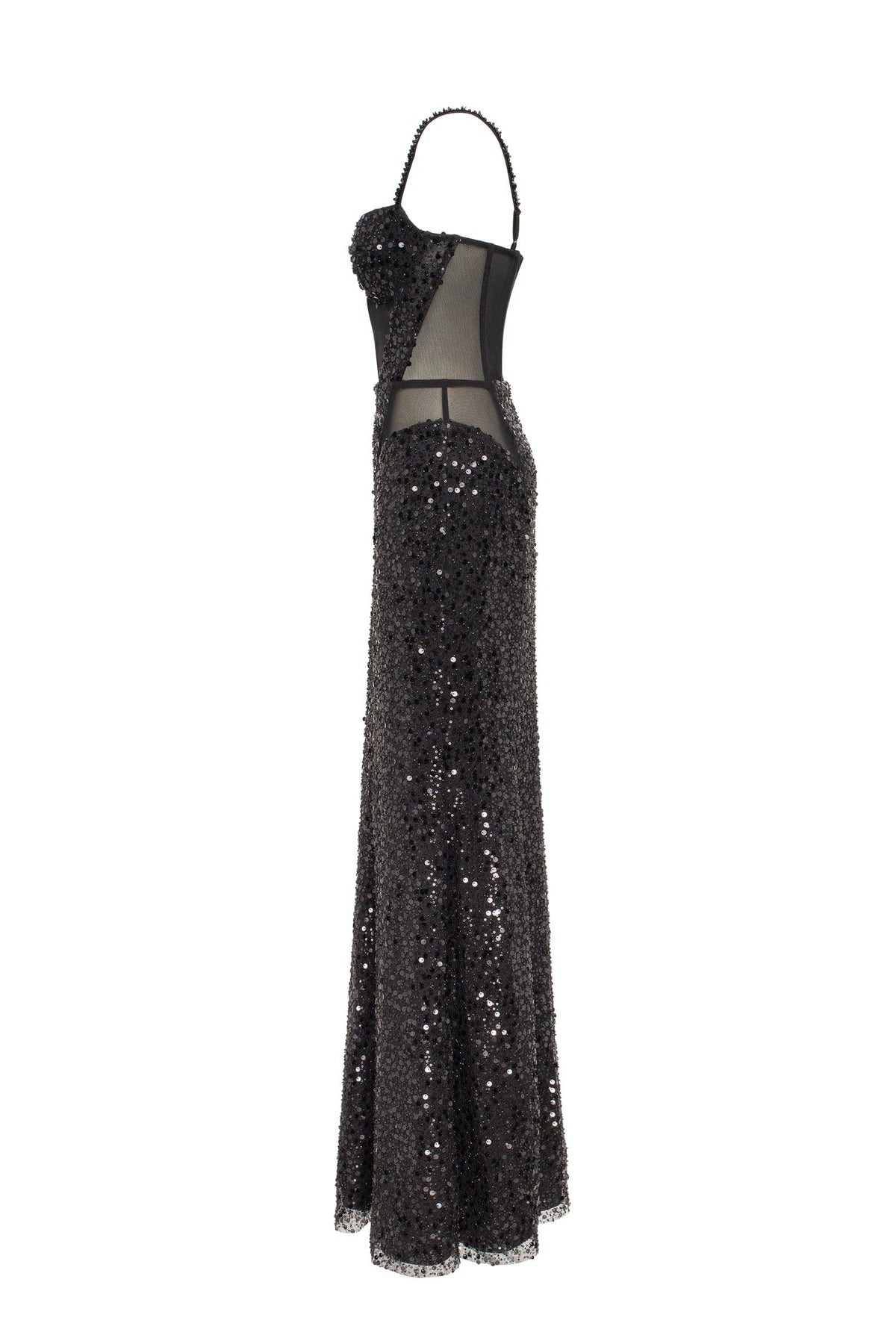SENSATIONAL BLACK MAXI ON SPAGHETTI STRAPS COVERED IN SEQUINS, SMOKY QUARTZ