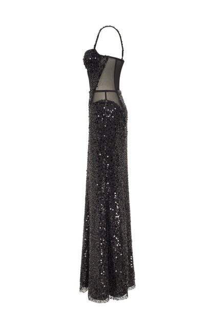 SENSATIONAL BLACK MAXI ON SPAGHETTI STRAPS COVERED IN SEQUINS, SMOKY QUARTZ