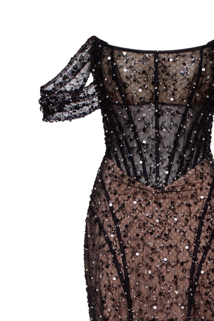 STRIKING BLACK SEQUINED FITTED MAXI DRESS, MIDNIGHT WALK
