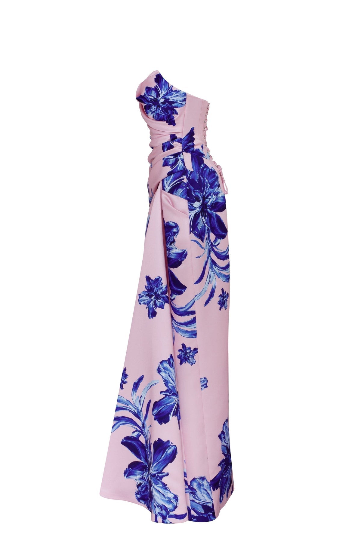 STRAPLESS PINK MAXI DRESS WITH BLUE-FLOWERED PATTERN, GLOW-UP