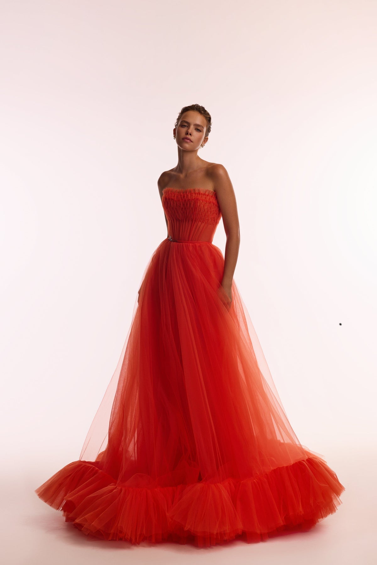AIRY TULLE MAXI DRESS IN FIERY CORAL
