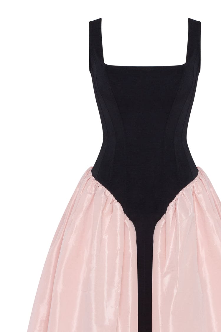 BLACK CORSET DRESS ON STRAPS WITH A GLOSSY PINK MIDI SKIRT