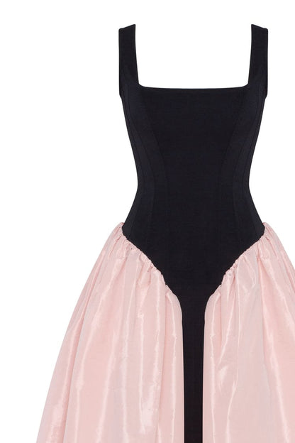 BLACK CORSET DRESS ON STRAPS WITH A GLOSSY PINK MIDI SKIRT