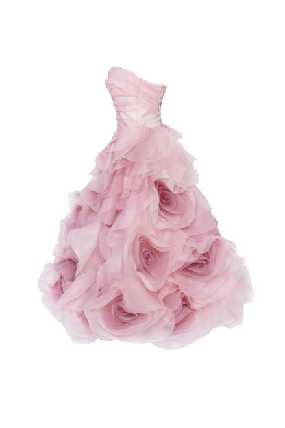 DRAMATIC FLOWERED ORGANZA MIDI DRESS IN MISTY ROSE, GLOW-UP