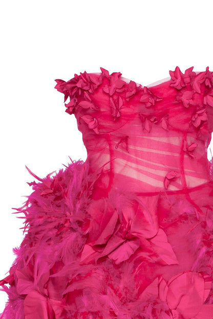 EPIC FUCHSIA TULLE MINI DRESS WITH FLORAL AND FEATHER APPLICATION
