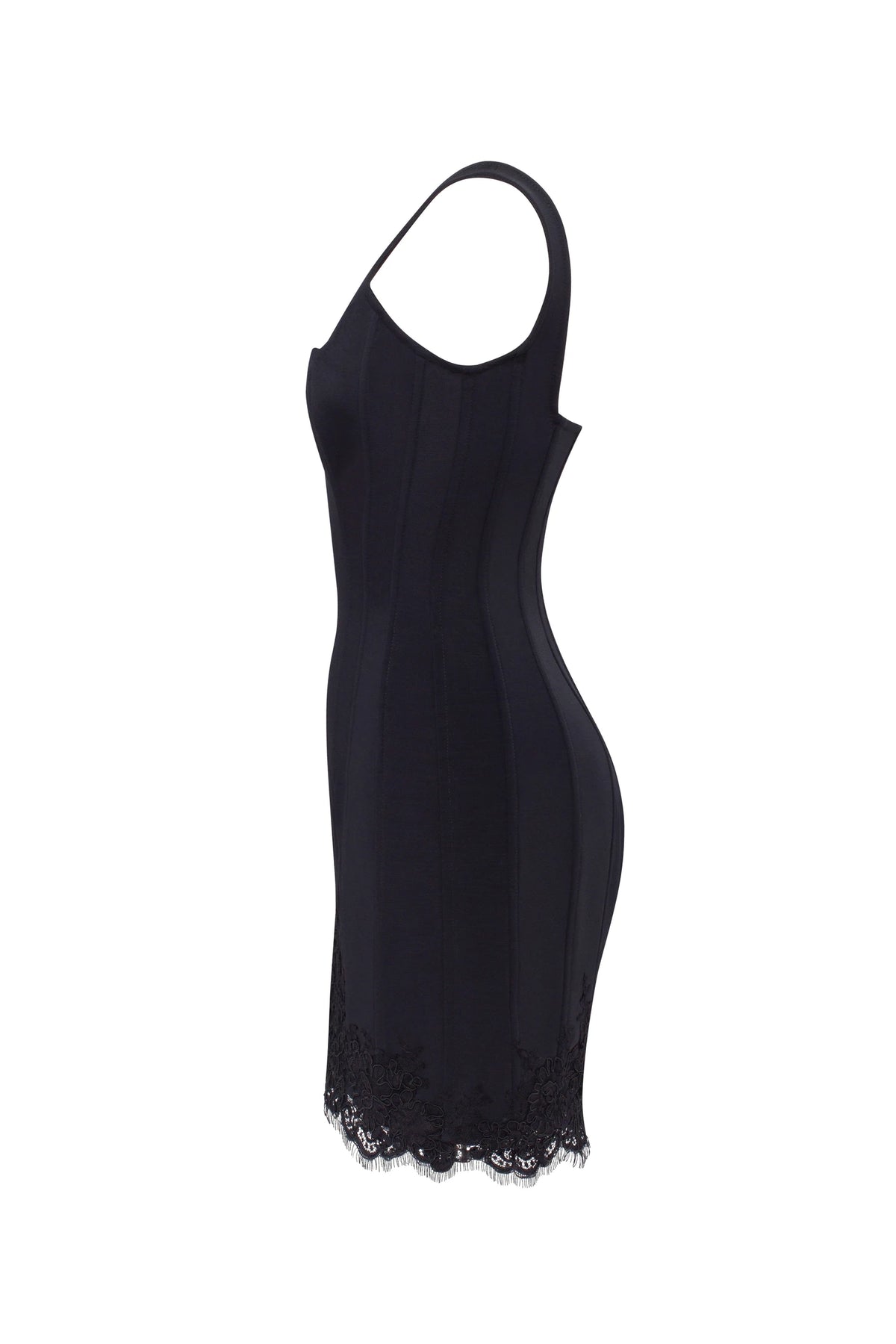 SULTRY BLACK CORSET MINI DRESS WITH LACE HEM, PARISIENNE