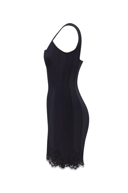 SULTRY BLACK CORSET MINI DRESS WITH LACE HEM, PARISIENNE