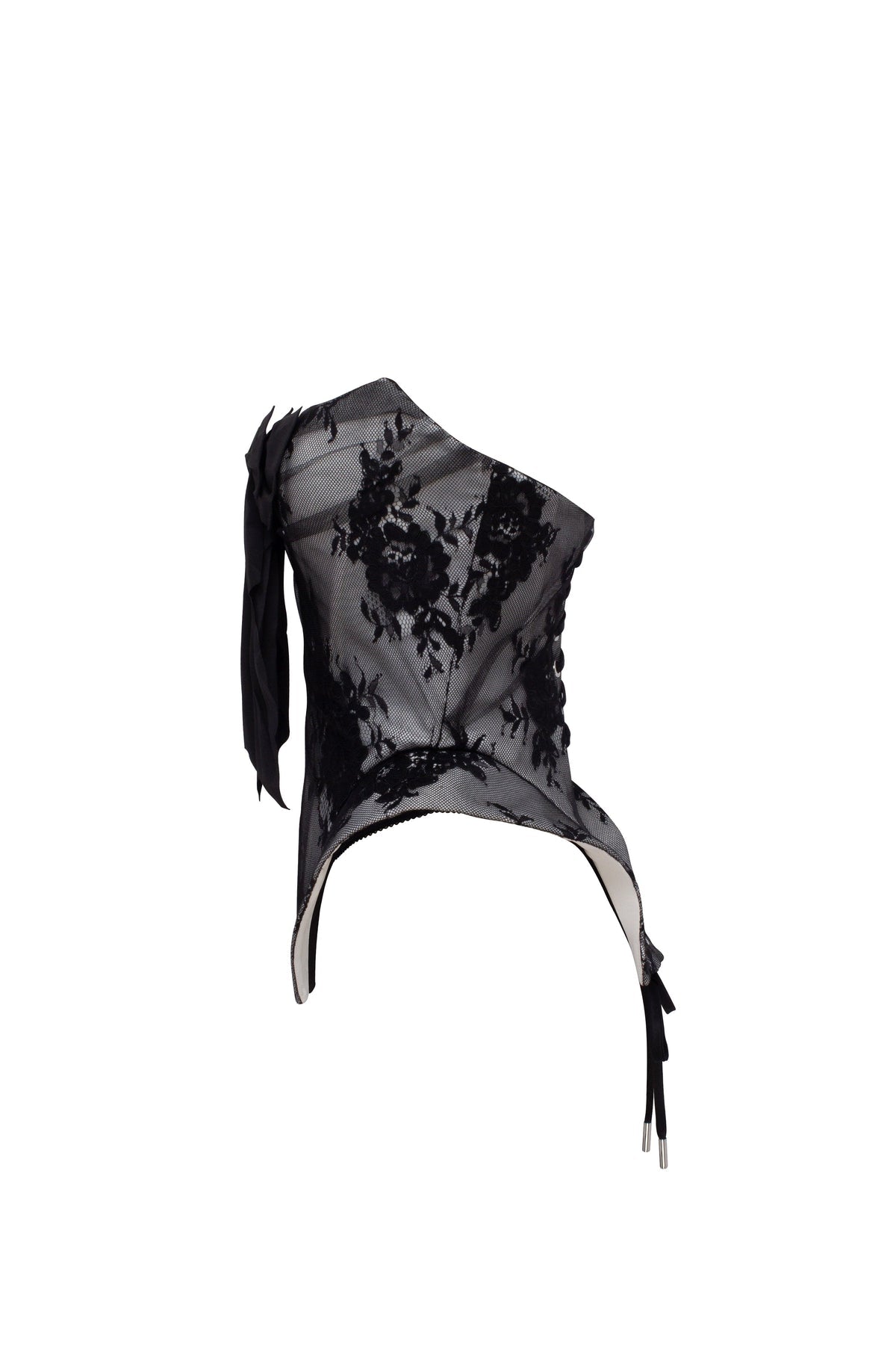 BLACK LACE OVER THE WHITE MESH PEPLUM CORSET WITH AN OVERSIZED BOW, PARISIENNE