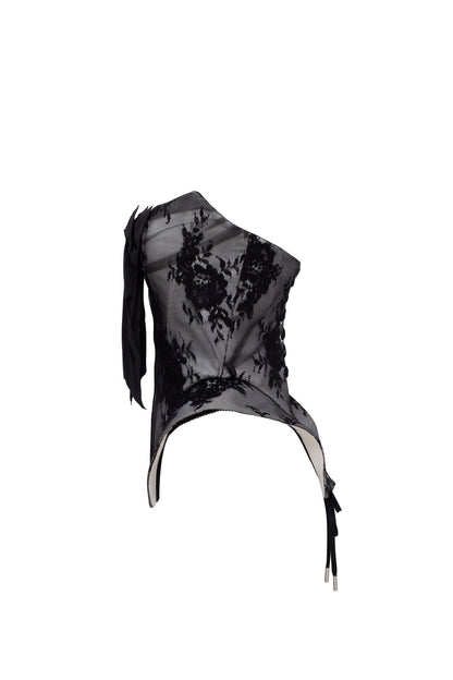 BLACK LACE OVER THE WHITE MESH PEPLUM CORSET WITH AN OVERSIZED BOW, PARISIENNE