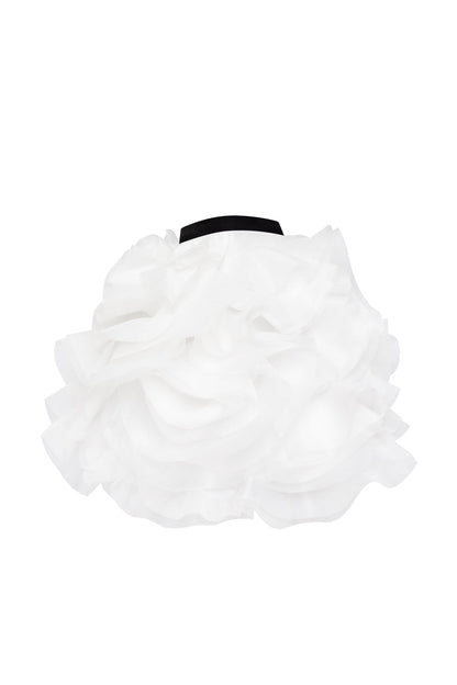 DANCEABLE MINI SKIRT WITH RUCHED FLOWER APPLIQUES IN WHITE, MIDNIGHT WALK
