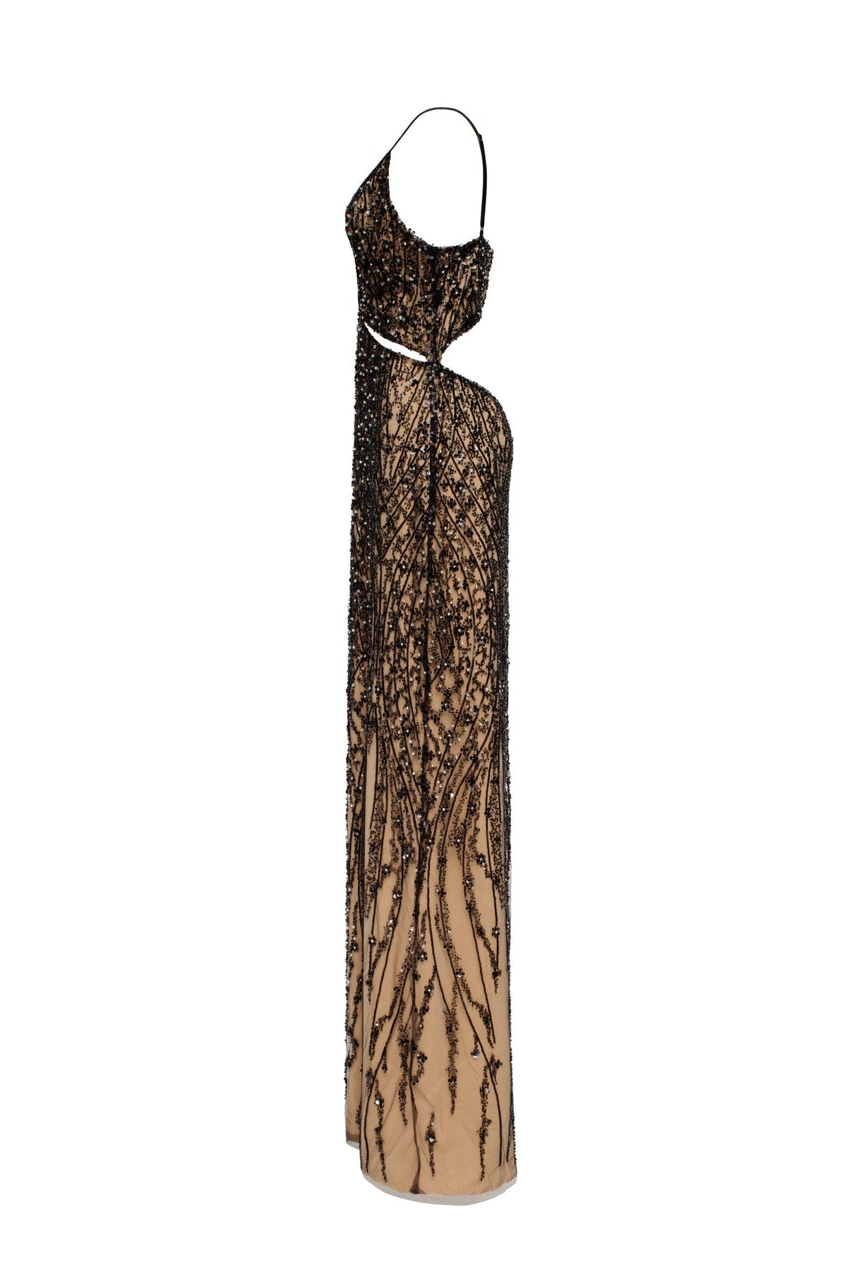 GALA-WORTHY BEIGE MAXI DRESS COVERED IN BLACK SEQUINED ORNAMENT, SMOKY QUARTZ