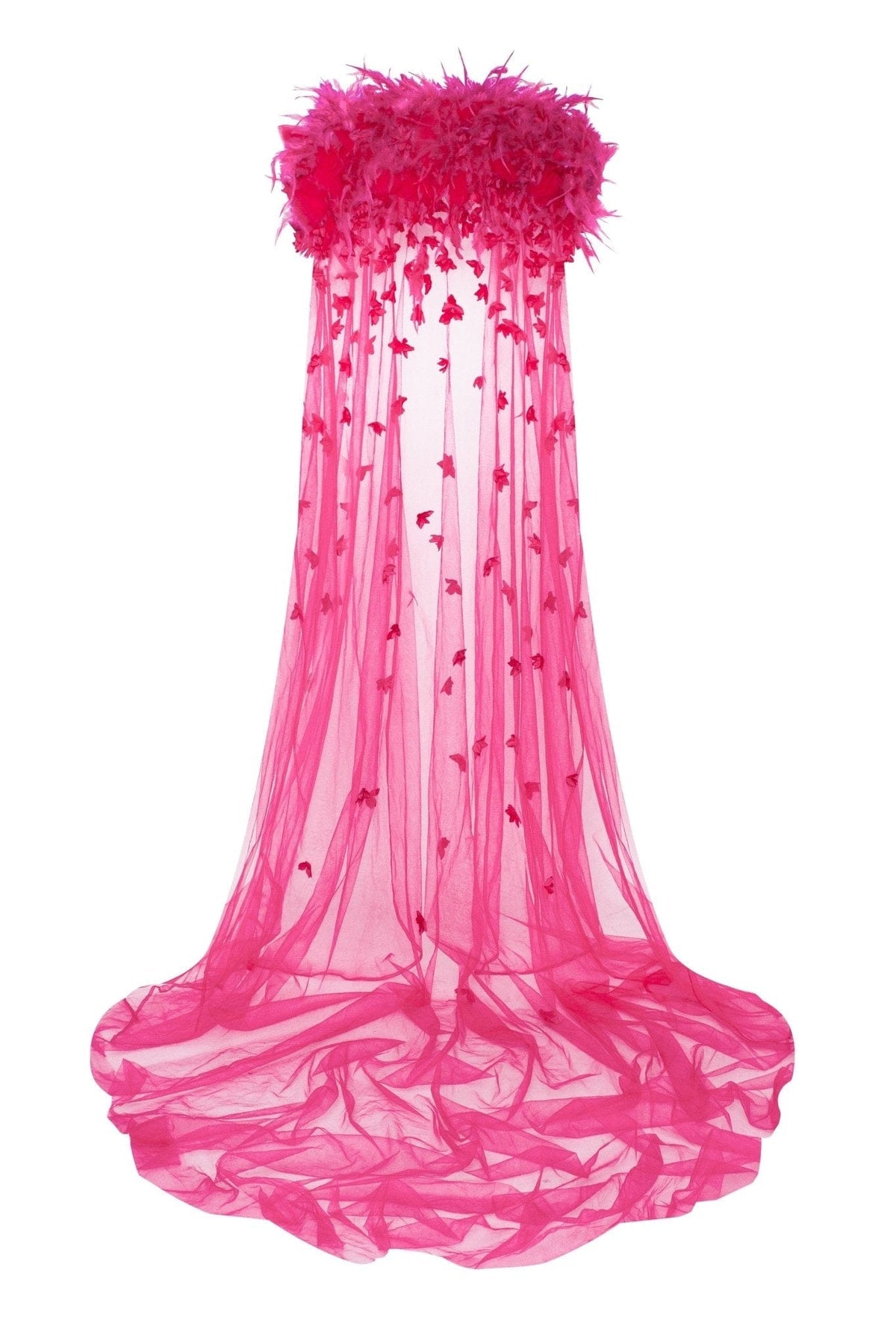 EPIC FUCHSIA TULLE MINI DRESS WITH FLORAL AND FEATHER APPLICATION