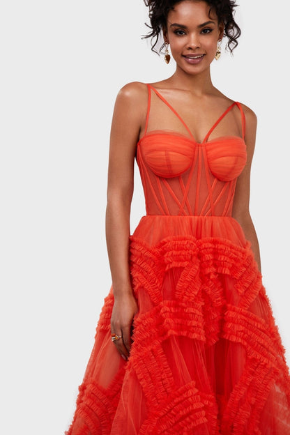 TANGERINE TULLE ORNAMENT MAXI DRESS