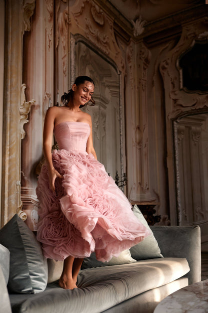DRAMATICALLY FLOWERED TULLE DRESS IN MISTY PINK