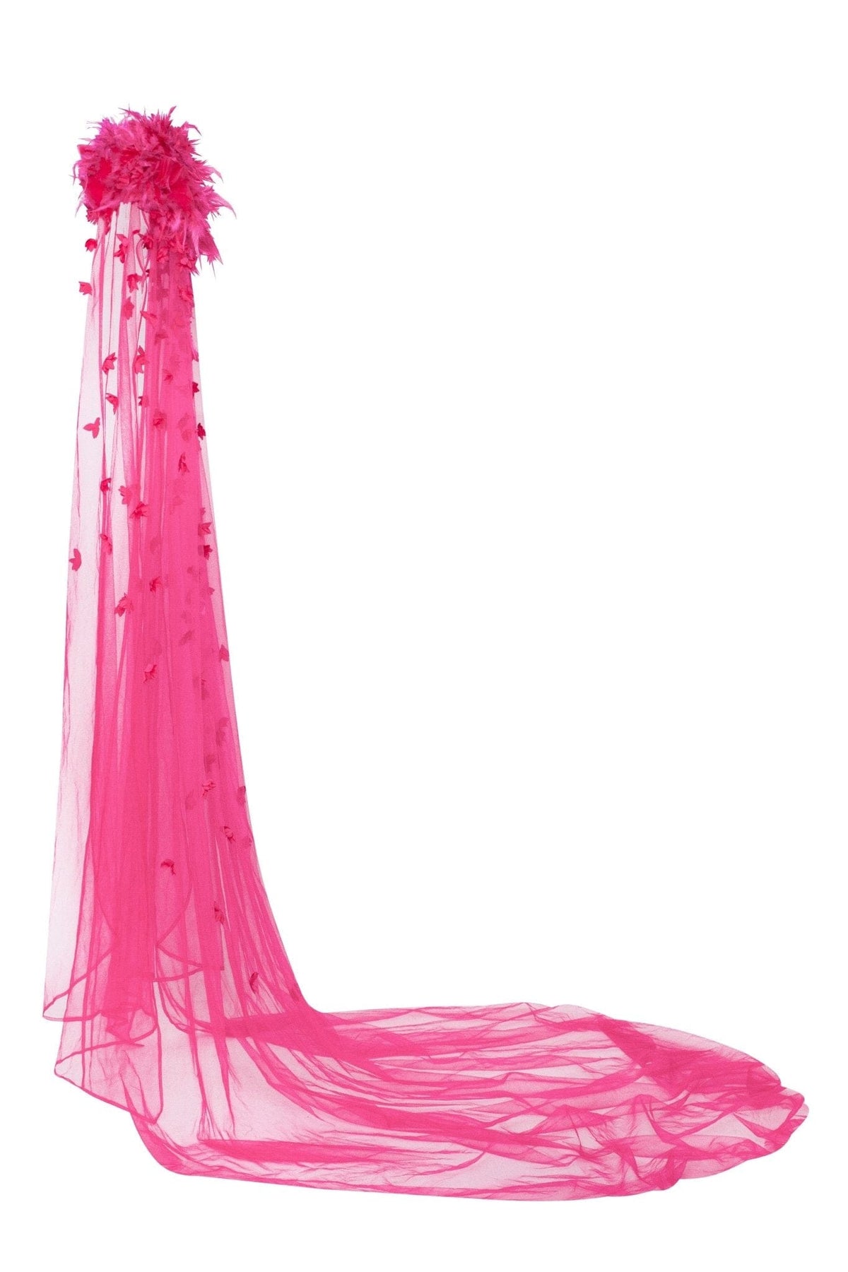 EPIC FUCHSIA TULLE MINI DRESS WITH FLORAL AND FEATHER APPLICATION