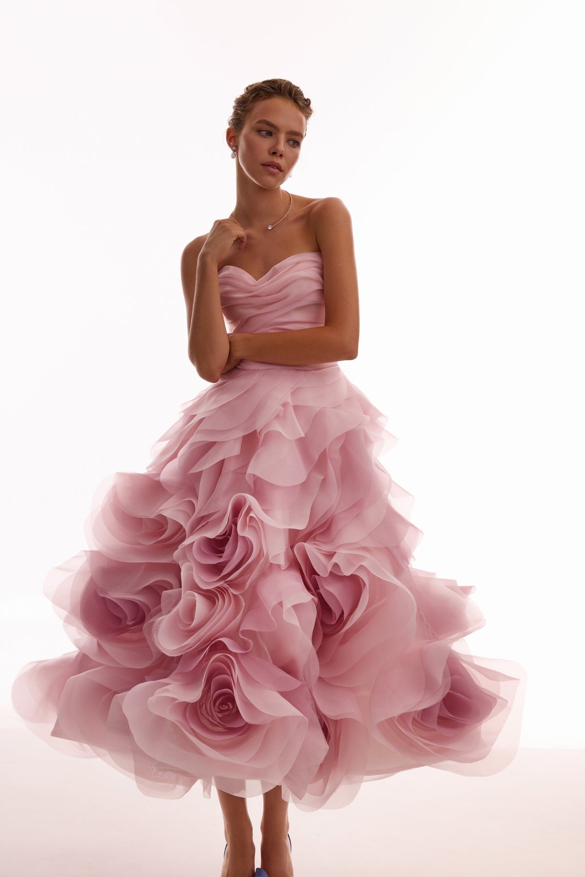 DRAMATIC FLOWERED ORGANZA MIDI DRESS IN MISTY ROSE, GLOW-UP