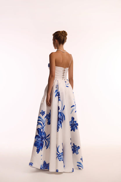 WONDERFUL WHITE A-LINE MAXI DRESS WITH BLUE FLOWERS, GLOW-UP
