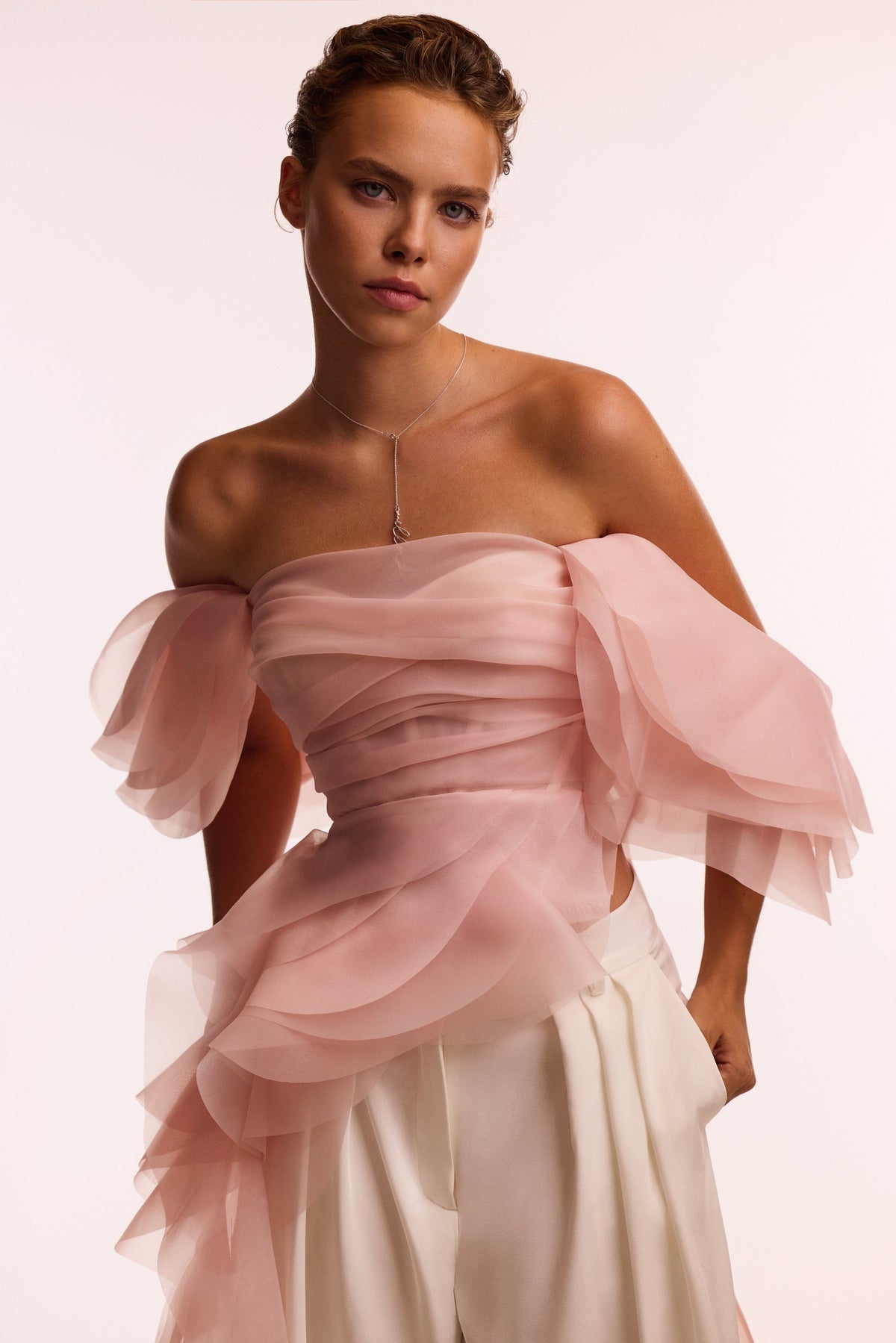 DREAMY OFF-SHOULDER BLOUSE WITH MERINGUE FLOUNCES IN MISTY ROSE, MIDNIGHT WALK