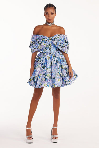 BLUE HYDRANGEA BOW DETAILED MINI DRESS