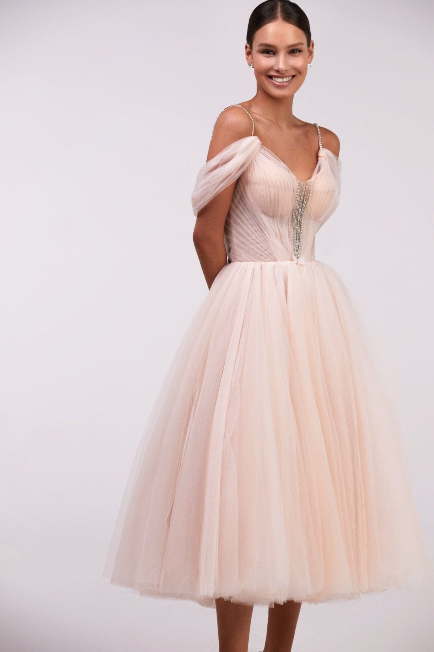 FEMININE PEACH TULLE COCKTAIL DRESS