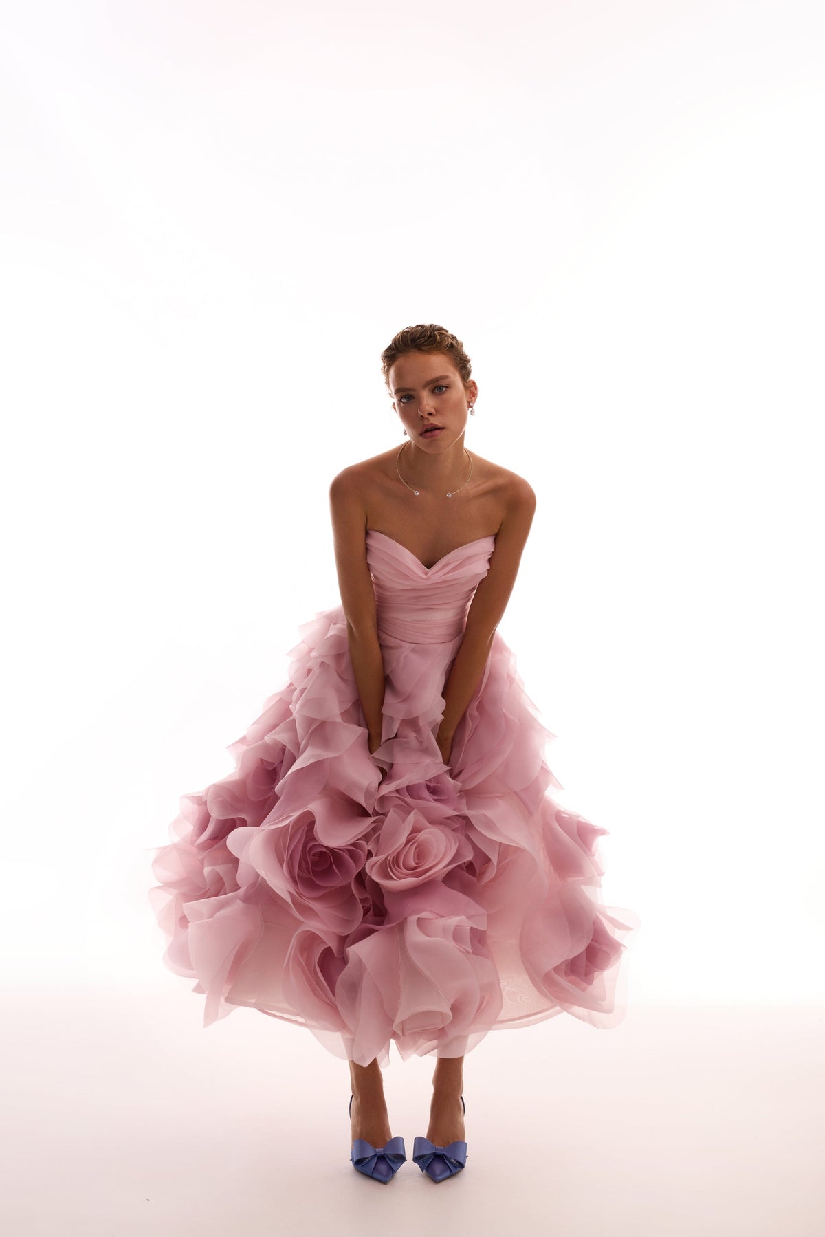 DRAMATIC FLOWERED ORGANZA MIDI DRESS IN MISTY ROSE, GLOW-UP