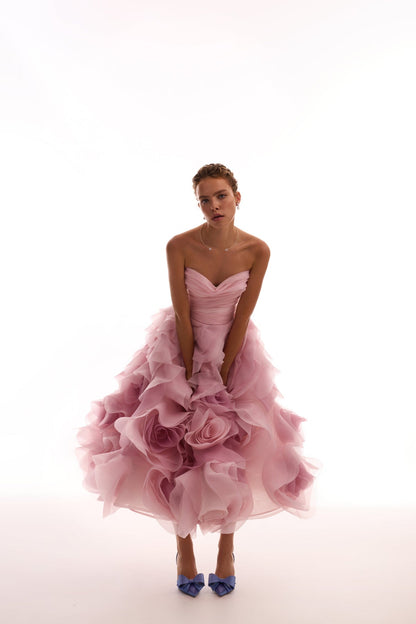 DRAMATIC FLOWERED ORGANZA MIDI DRESS IN MISTY ROSE, GLOW-UP