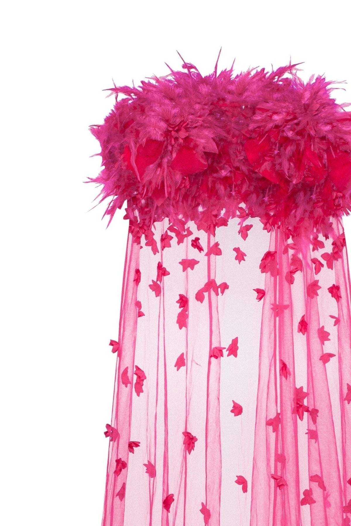 EPIC FUCHSIA TULLE MINI DRESS WITH FLORAL AND FEATHER APPLICATION