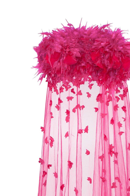 EPIC FUCHSIA TULLE MINI DRESS WITH FLORAL AND FEATHER APPLICATION