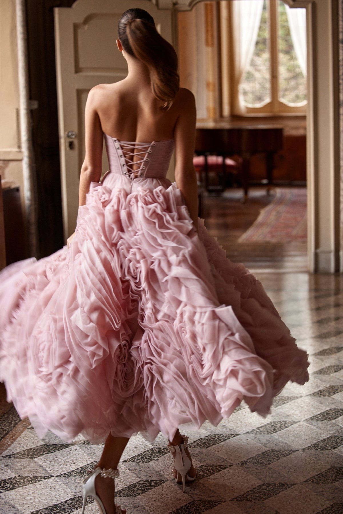 DRAMATICALLY FLOWERED TULLE DRESS IN MISTY PINK