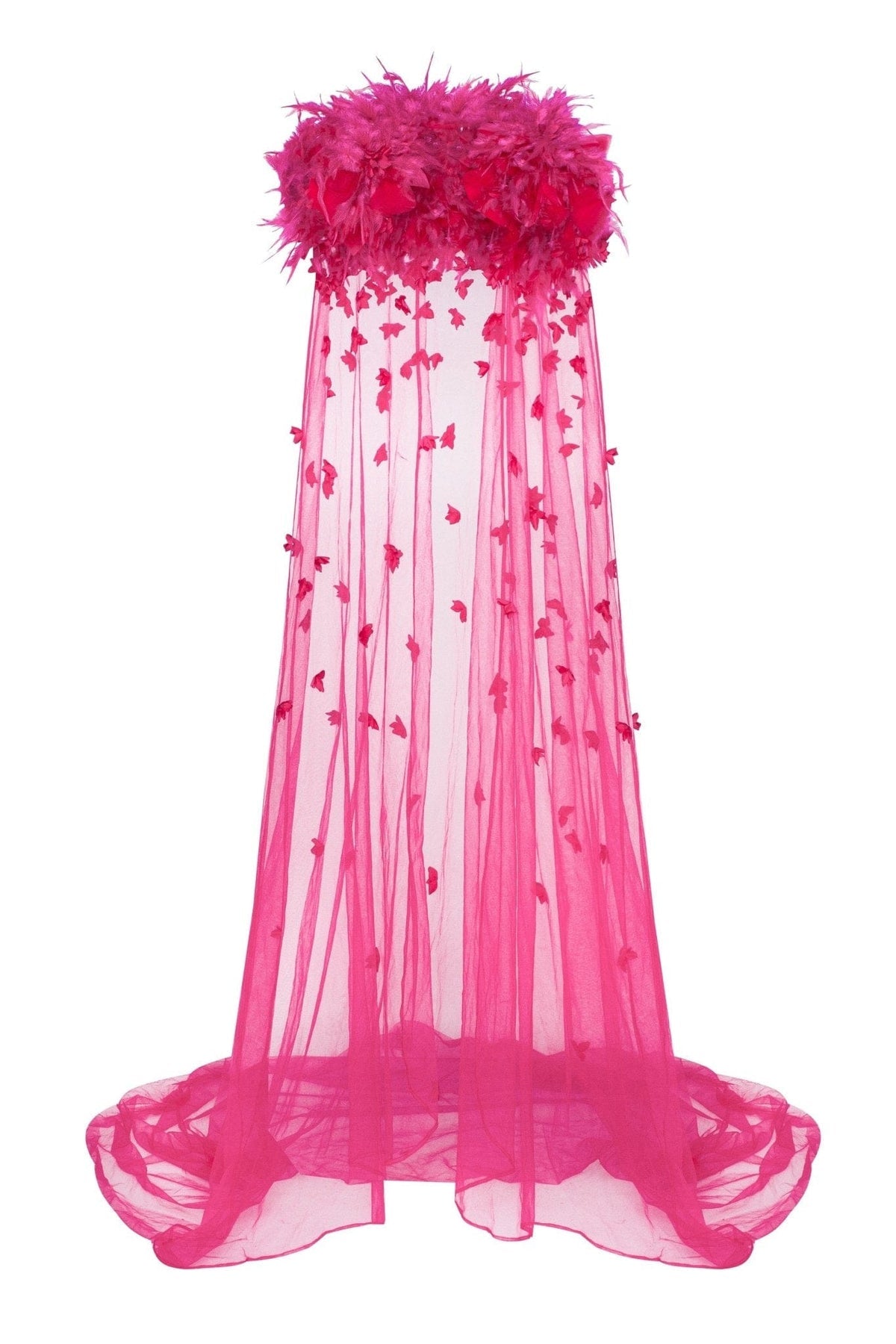 EPIC FUCHSIA TULLE MINI DRESS WITH FLORAL AND FEATHER APPLICATION