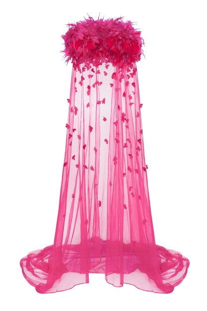 EPIC FUCHSIA TULLE MINI DRESS WITH FLORAL AND FEATHER APPLICATION