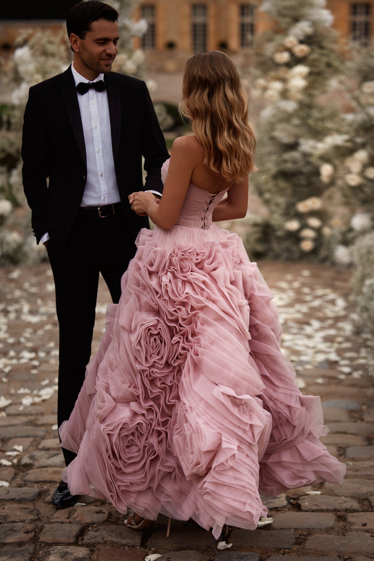 DRAMATICALLY FLOWERED TULLE DRESS IN MISTY PINK
