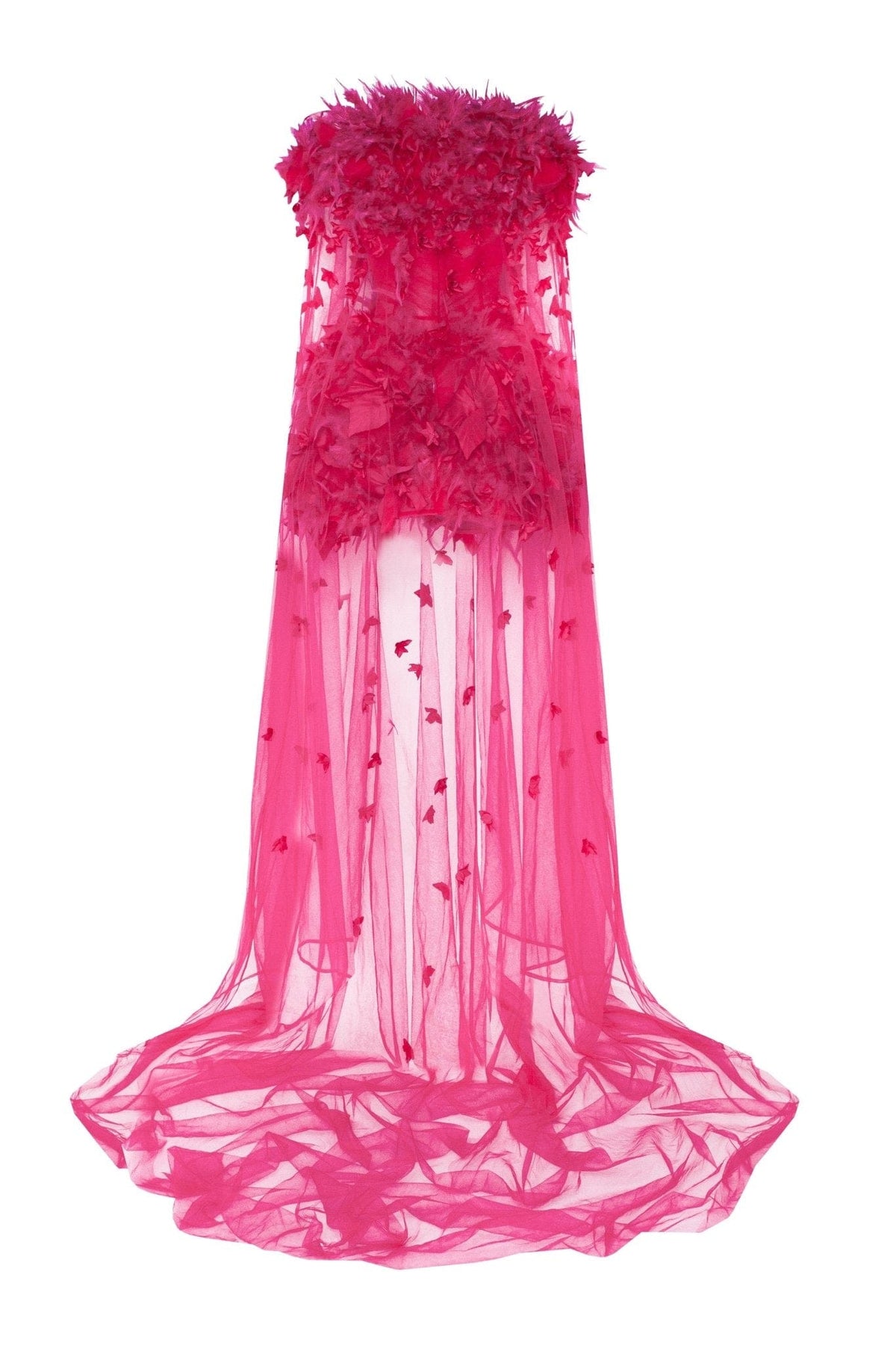 EPIC FUCHSIA TULLE MINI DRESS WITH FLORAL AND FEATHER APPLICATION