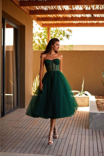 EMERALD GREEN STRAPLESS PUFFY MIDI TULLE DRESS