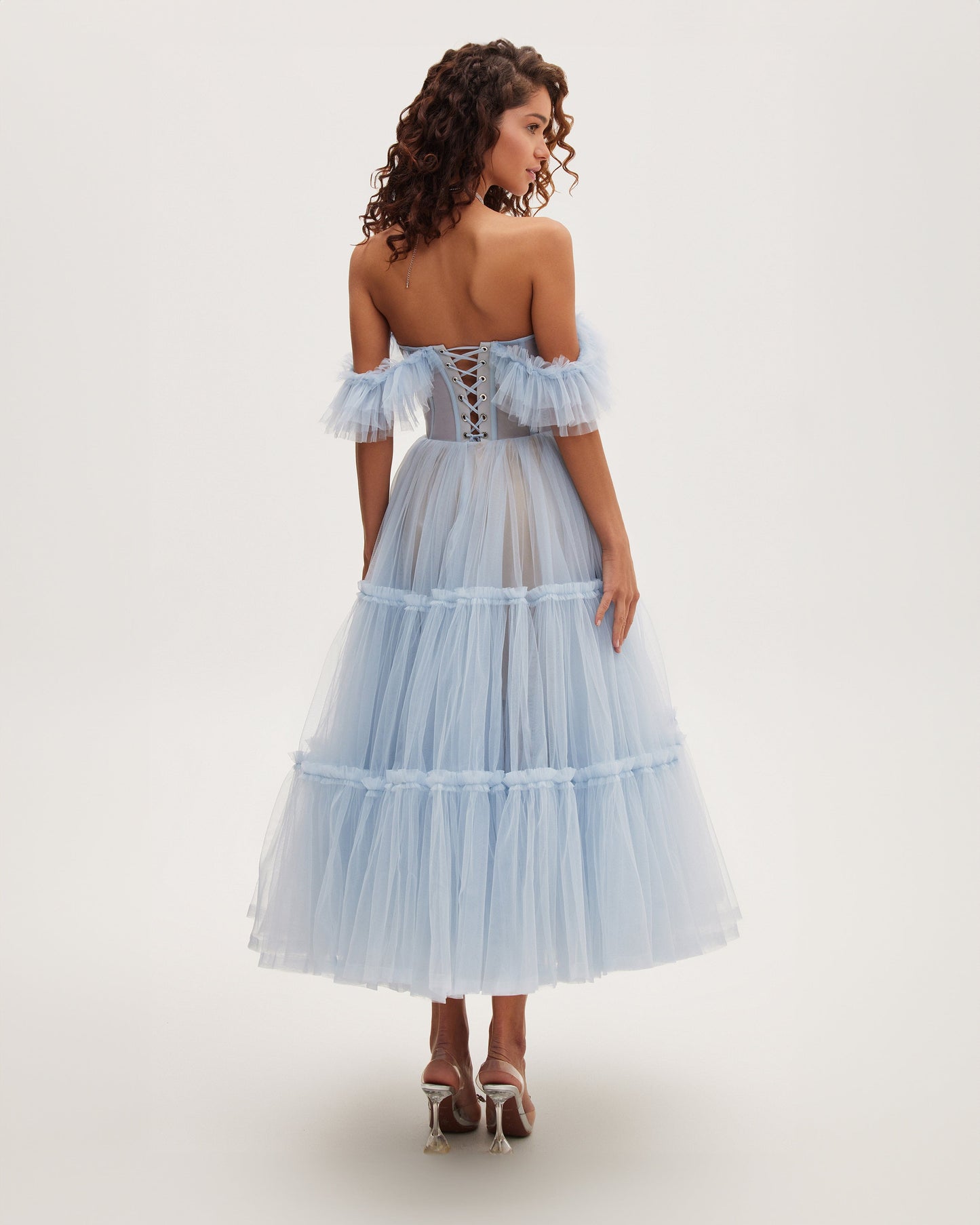 LIGHT OCEAN BLUE RUFFLED TULLE MIDI DRESS