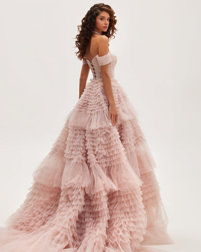 MISTY ROSE OFF SHOULDER FRILL GOWN