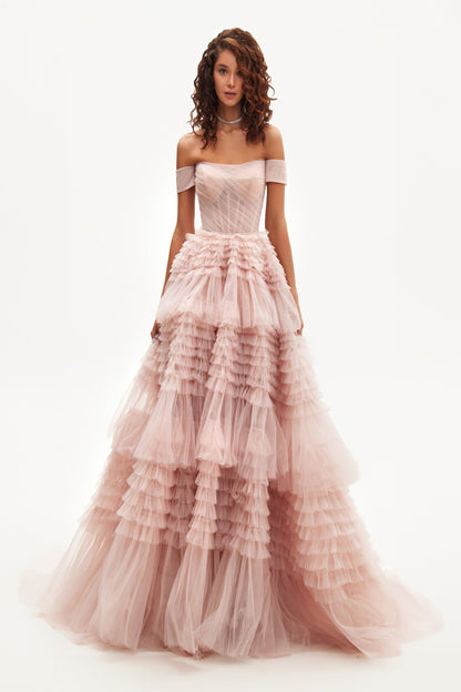 MISTY ROSE OFF SHOULDER FRILL GOWN