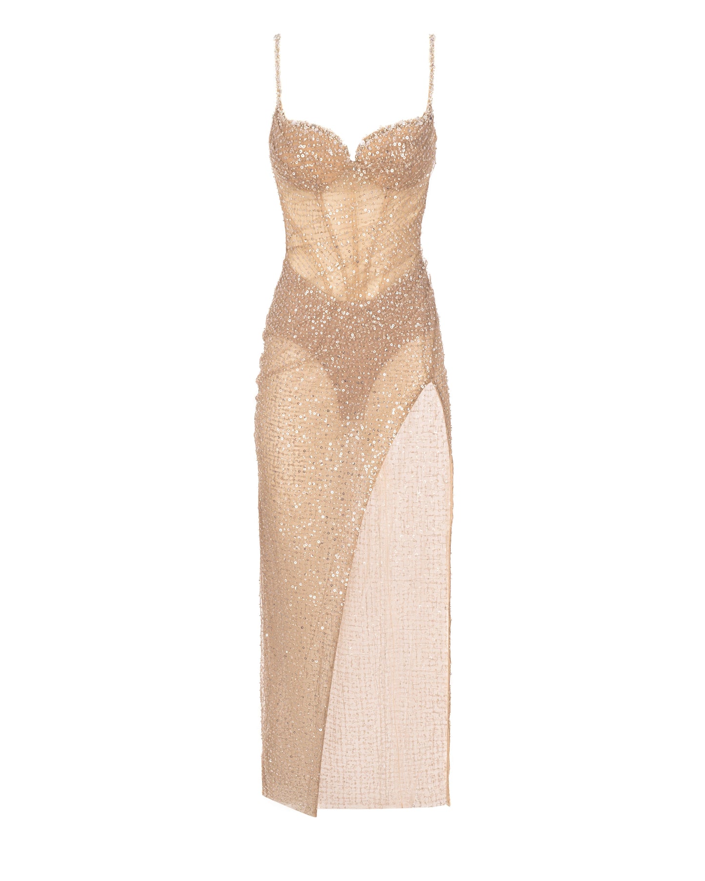 CHAMPAGNE GOLD CRYSTAL MAXI DRESS