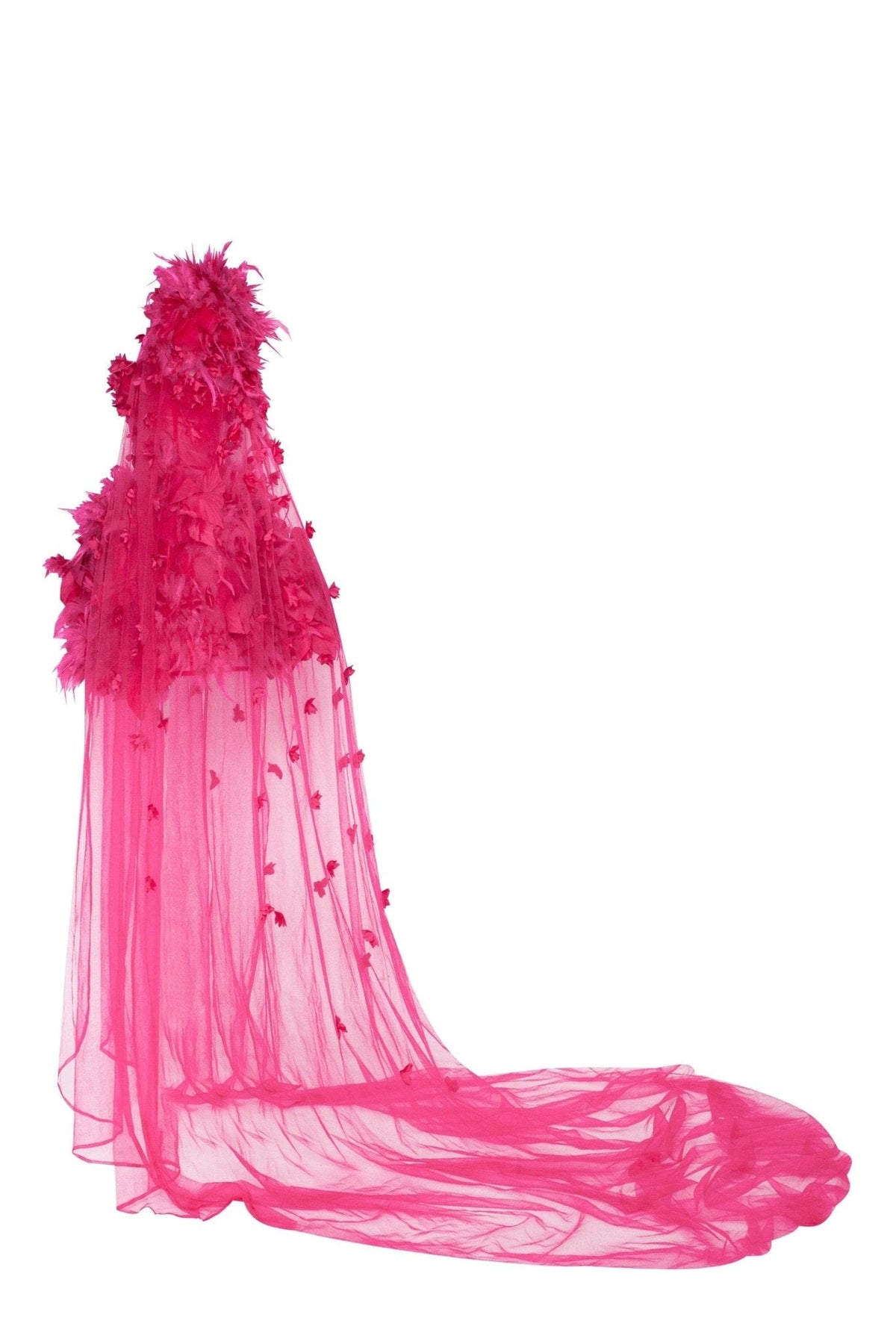 EPIC FUCHSIA TULLE MINI DRESS WITH FLORAL AND FEATHER APPLICATION