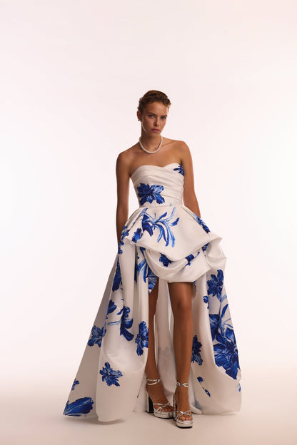 WONDERFUL WHITE A-LINE MAXI DRESS WITH BLUE FLOWERS, GLOW-UP