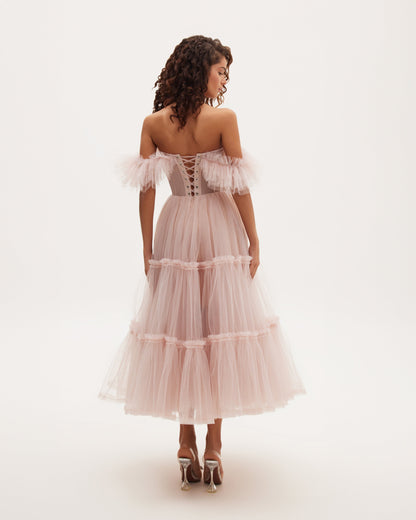 MISTY ROSE RUFFLED TULLE MIDI DRESS