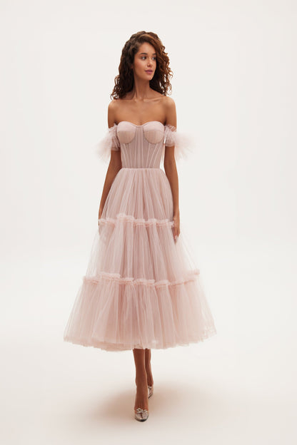 MISTY ROSE RUFFLED TULLE MIDI DRESS