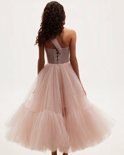 MISTY ROSE ONE SHOULDER COCKTAIL TULLE DRESS