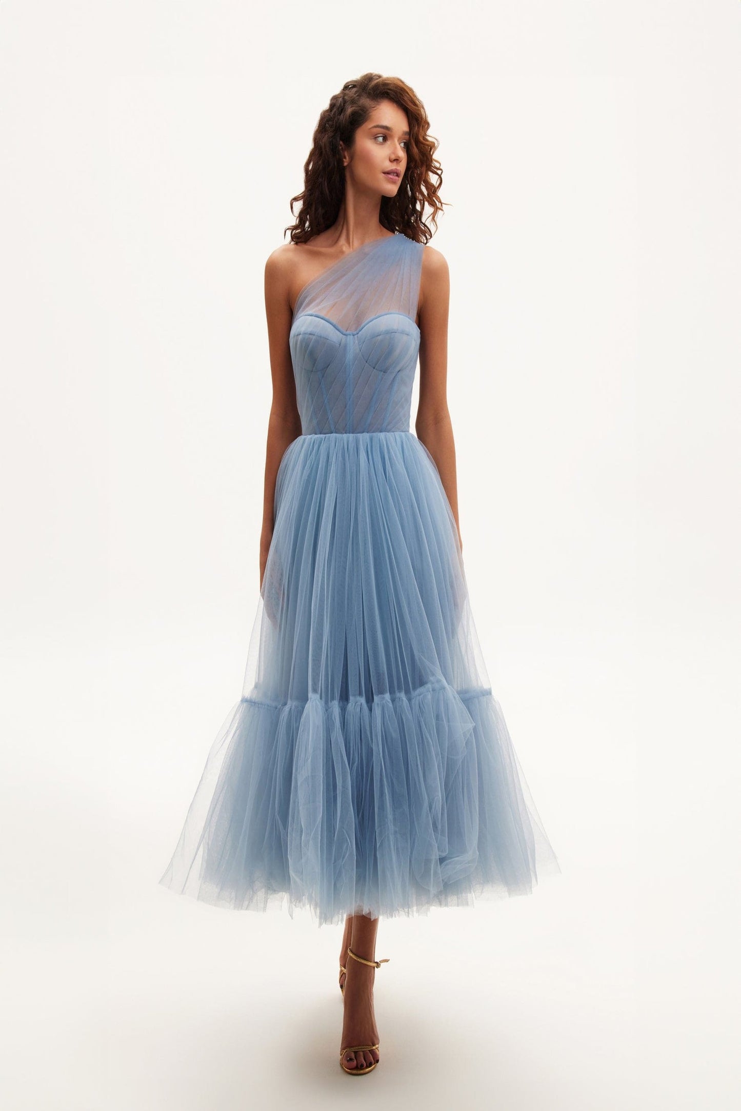 LIGHT BLUE ONE SHOULDER COCKTAIL TULLE DRESS