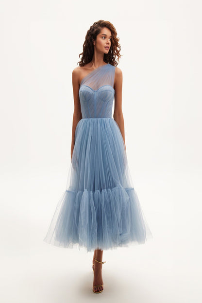 LIGHT BLUE ONE SHOULDER COCKTAIL TULLE DRESS